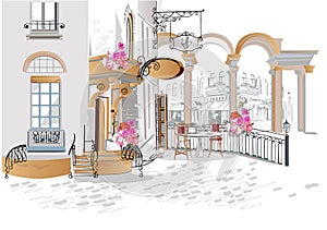 Series of backgrounds decorated with flowers, old town views and street cafes. photo